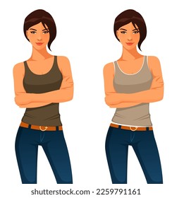 illustration of a confident young woman with short hair, standing with her arms crossed, wearing tank top and jeans. Isolated on white.