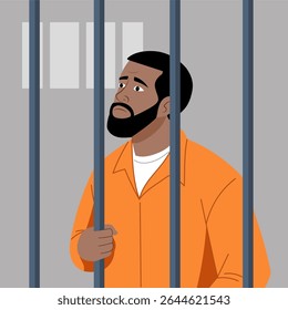 Illustration of Confinement A Man's Reflection Behind Prison Bars	