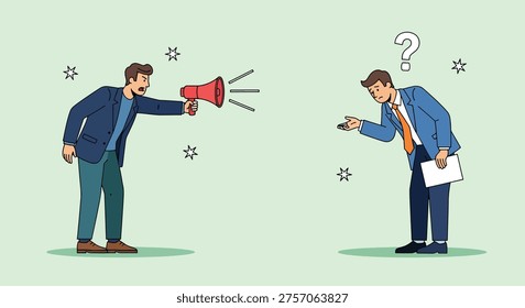 Illustration of a conflict between two businessmen, one yelling aggressively with a megaphone and the other looking bewildered.