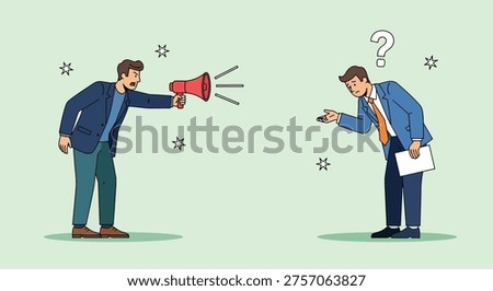 Illustration of a conflict between two businessmen, one yelling aggressively with a megaphone and the other looking bewildered.