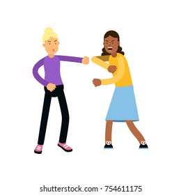 Illustration of conflict between two crazy women. Cartoon angry people characters fighting and quarreling at each other. Bad behavior. Loud public scandal. Flat vector isolated on white background.