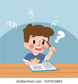 Ilustración de un chico confundido haciendo deberes. Ilustración plana de un niño estudiando.