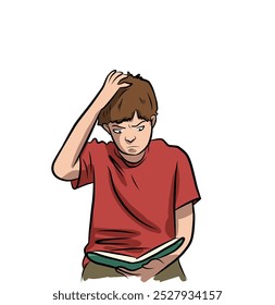 Illustration of a Confused Boy Reading a Book with a Puzzled Expression