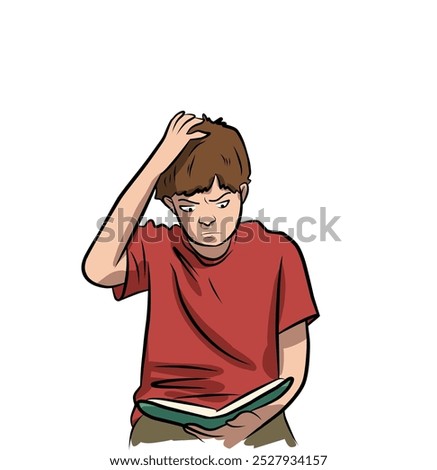 Illustration of a Confused Boy Reading a Book with a Puzzled Expression