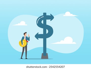 An illustration of confused businessman investor hold money coin choose dollar direction signs. Money decision, investment choice or option to make profit, select best earning asset