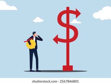 An illustration of confused businessman investor hold money coin choose dollar direction signs. Money decision, investment choice or option to make profit, buy or rent, pay off debt or invest, select 