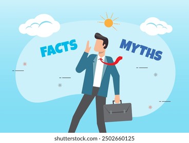 An illustration of confused businessman thinking with compare between facts or myths. Myths vs Facts, true or false information, reality versus mythology knowledge concept, 