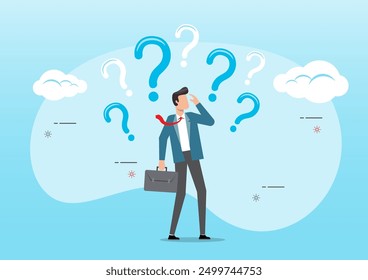 An illustration of Confused businessman thinking and make decision with many question marks. Confusion and decision making, answer for question or solution