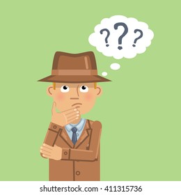 Illustration of a confused detective thinking, making decision. Detective, police officer, inspector. Emoticon, emoji. Flat style vector illustration