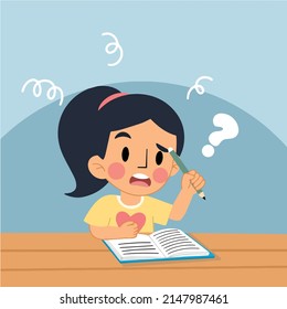 Illustration of a confused girl doing homework. Flat illustration of girl studying.