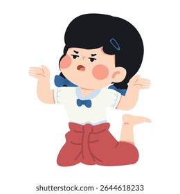 Illustration of Confused Girl in Traditional Thai Dress cartoon