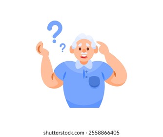 illustration of a confused looking grandfather. symptoms of memory disorder. amnesia, dementia, or Alzheimer's. memory problems and easy forgetting. flat style character design. elements