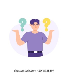 illustration of a confused man surrounded by question mark symbols. concept Frequently asked questions or FAQs, hints and help, online support center. customer problems. flat cartoon style. vector