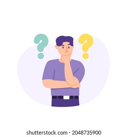 illustration of a confused man surrounded by question mark symbols. concept Frequently asked questions or FAQs, hints and help, online support center. customer problems. flat cartoon style. vector
