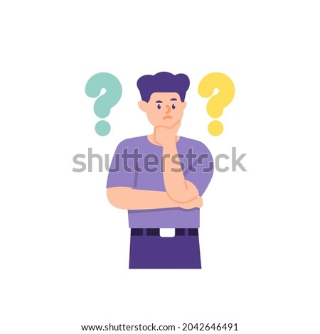 illustration of a confused man surrounded by question mark symbols. concept Frequently asked questions or FAQs, hints and help, online support center. customer problems. flat cartoon style. vector