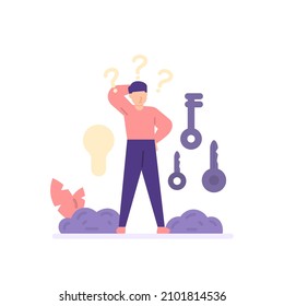 Illustration Of A Confused Person To Choose The Correct Key. The Concept Or Metaphor Of Forgot Password, Looking For An Answer. Login Or Sign In. Flat Cartoon Style. Vector Design. Landing Page, Ui