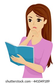 Illustration of a Confused Teenage Girl Reading a Book