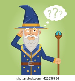 Illustration of a confused wizard thinking, making decision. Emoticon, emoji, facial expression. Fantasy magician, warlock, sorcerer. Flat style vector illustration