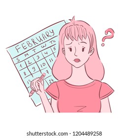 Illustration of confused young woman holding pencil and thinking of her irregular periods.