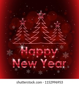 Illustration of congratulation for Happy New Year with stars and snowflakes. Tamplate for greeting card. Design with gloss line, and three Christmas tree on the dark red gradient background.