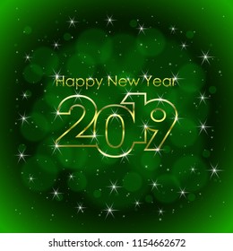Illustration of congratulation for Happy New Year and Xmas with stars and snowflakes. Tamplate for greeting card. Design with golden line, letters, 2019 year on the dark green gradient background.