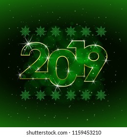 Illustration of congratulation for Happy New Year and Xmas with stars and snowflakes. Tamplate for greeting card. Design with golden line, 2019 year on the dark green gradient background.