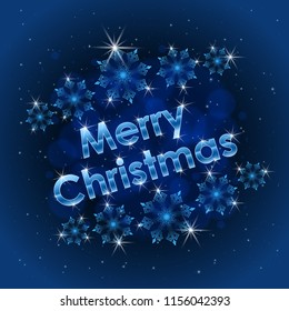 Illustration of congratulation for Merry Christmas with stars and snowflakes. Tamplate for greeting card. Design with golden line, text with skew on the dark blue gradient background.