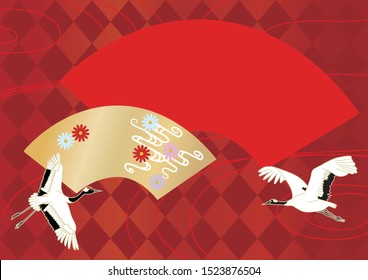 Illustration of a congratulatory image with two cranes and a fan flying, and a check pattern in the background.
