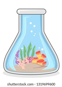 Ilustración de un matraz de laboratorio cónico con coral y agua oceánica. Oceanografía biológica.