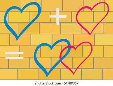 Illustration, connected hearts against a yellow brick wall.