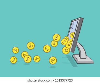 
   illustration consisting of coins falling out of the monitor on a blue background