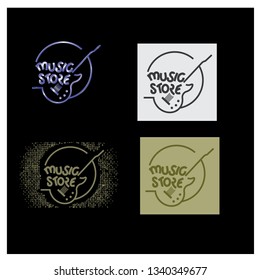 illustration consisting of four different images of guitars with the inscription "music store" in the form of a symbol or logo