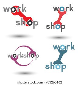 an illustration consisting of four different images of a wrench and the word "workshop" in the form of a symbol or logo