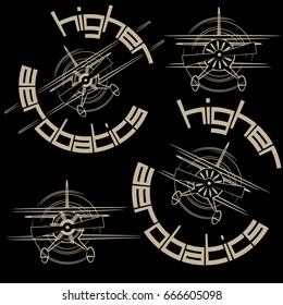 An illustration consisting of four images in the form of a sports airplane logo