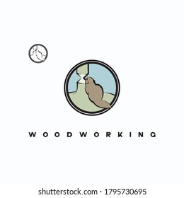 illustration consisting of an image of a beaver loading a tree and the inscription "woodworking". A beaver fells a tree.