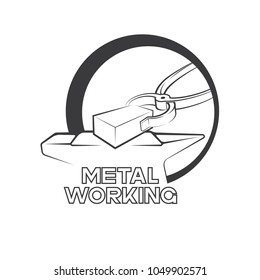 an illustration consisting of an image of blacksmith's tongs and the text "metalworking" in the form of a symbol or logo