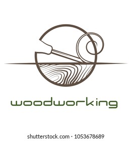 an illustration consisting of an image of a chisel plowing a tree and the inscription "woodworking"