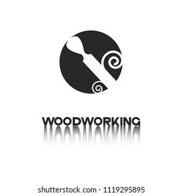 an illustration consisting of an image of a chisel plowing a tree and the inscription "woodworking"