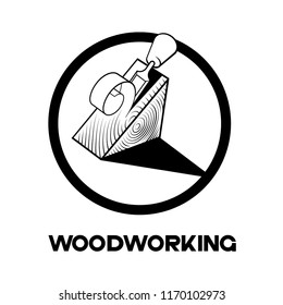 
an illustration consisting of an image of a chisel plowing a tree and the inscription "woodworking"
