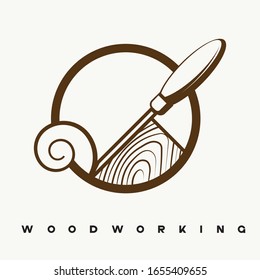 
an illustration consisting of an image of a chisel plowing a tree and the inscription "woodworking"