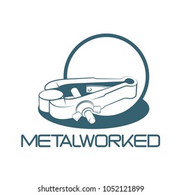 an illustration consisting of an image of a hand-held vise with a clamped piece and a text "metalworked" in the form of a symbol or logo