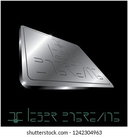 illustration consisting of an image of a laser cutting nozzle and the words "laser engraving" in the form of a symbol or logo