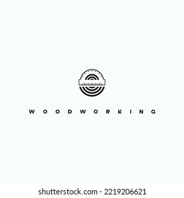illustration consisting of an image of a piece of wood and a protractor with the inscription "woodworking" as a symbol or logo