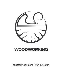 an illustration consisting of an image of a planer plowing a tree and the inscription "woodworking"