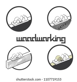 an illustration consisting of an image of a planer plowing a tree and the inscription "woodworking"
