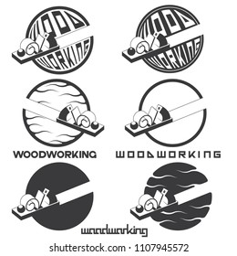 an illustration consisting of an image of a planer plowing a tree and the inscription "woodworking"
