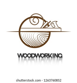 
an illustration consisting of an image of a planer plowing a tree and the inscription "woodworking"