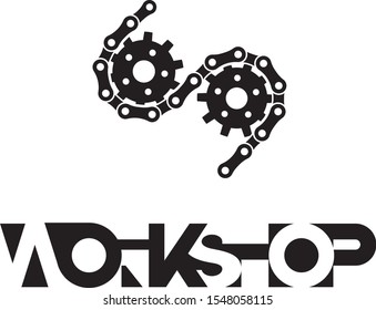
illustration consisting of images of gears and chains and the word "workshop" in the form of a symbol or logo