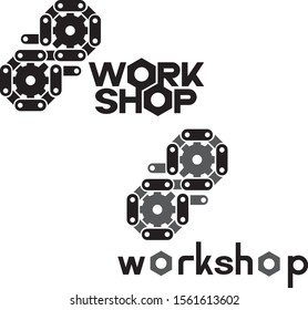 
illustration consisting of images of gears and chains and the word "workshop" in the form of a symbol or logo