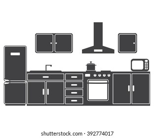 The illustration consisting of kitchen furniture of a plate and the refrigerator of the microwave oven 